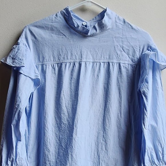 Blue Ruffled Micro-Striped Blouse Size Medium - Picture 3 of 16